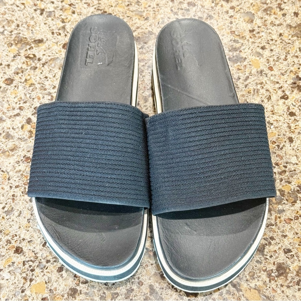Sorel Black Slide Sandals with White Trim